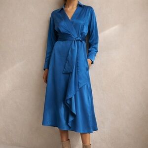 Tahari ASL French Blue Satin Wrap Midi Dress Long Sleeve Collared Size 12